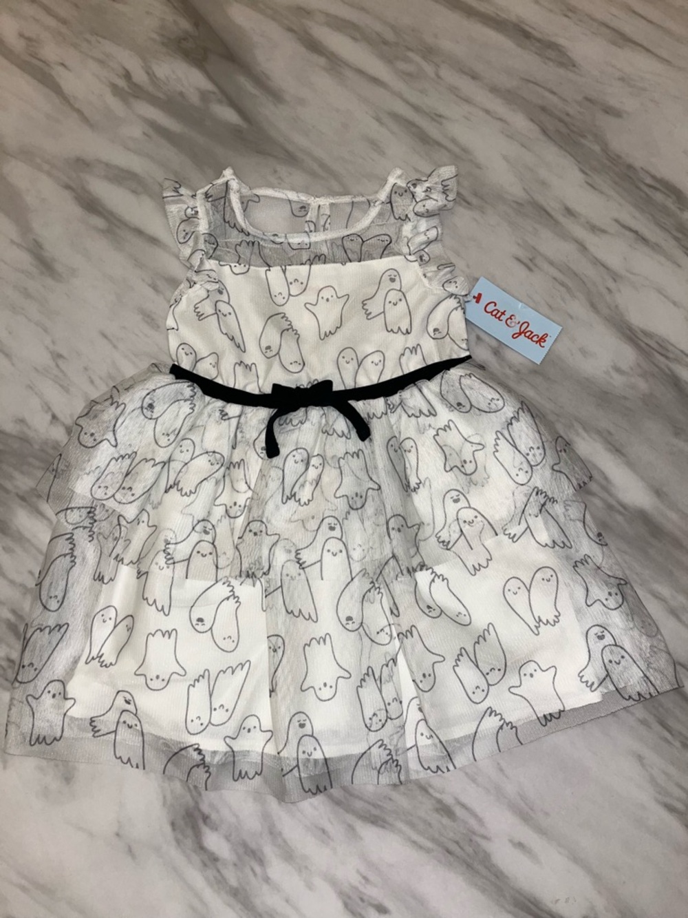 Cat & Jack White Ghost Print Tulle Dress with Black Bow